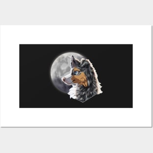 Tricolor Blue Merle Border Collie with Night Sky Full Moon Posters and Art